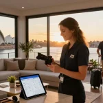 Airbnb co-host services in Sydney, showcasing a stylish property manager preparing a chic living room for guests.