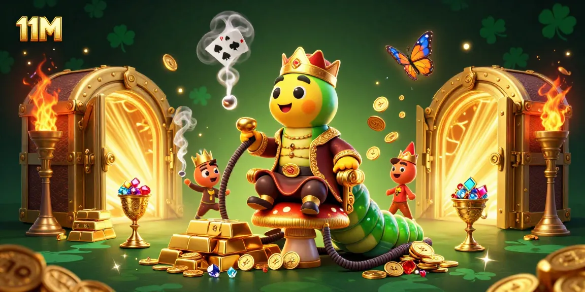 Engage with 11M gaming excitement featuring a vibrant casino scene of characters and treasures.