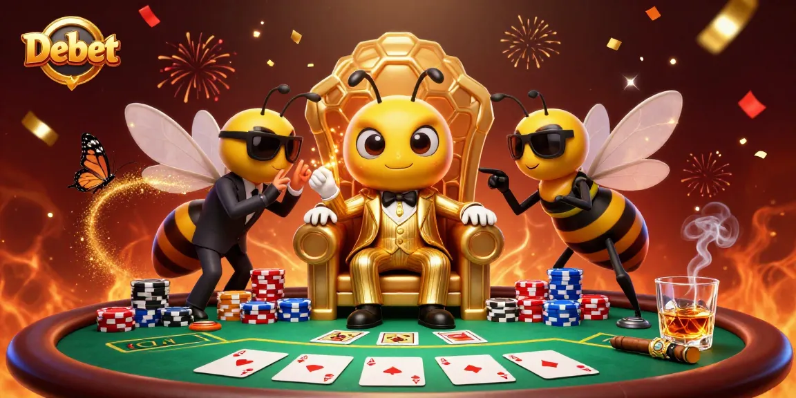 Engage with Debet's thrilling poker scene featuring a cartoon bumblebee mob boss and vibrant game elements.