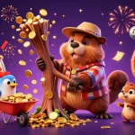 Nohuwin celebrates with golden coin rain, showcasing exciting slots and vibrant jackpots.
