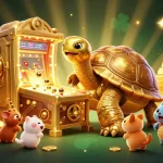 MUBET’s captivating 3D illustration showcases a colossal tortoise pinball machine surrounded by a treasure trove.