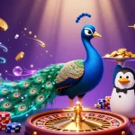 Win big with f168 đăng nhập as the peacock, penguin, and hummingbird celebrate in a vibrant casino!