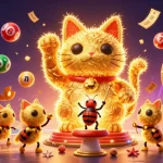 Engaging scene showcasing the best online casino elements with a lucky cat, vibrant prizes, and dynamic lottery items