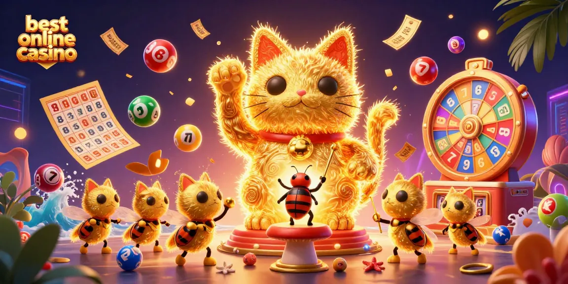 Engaging scene showcasing the best online casino elements with a lucky cat, vibrant prizes, and dynamic lottery items