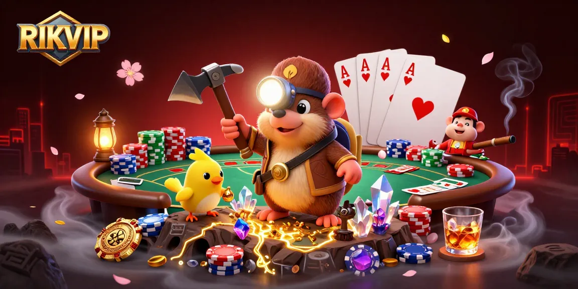 RIKVIP engages players with vibrant 3D casino action featuring a treasure hunter mole amidst poker excitement.