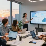 Proactive IT support for small business London in a modern office meeting with diverse professionals collaborating and analyzing data.