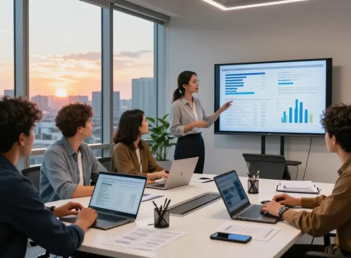 Proactive IT support for small business London in a modern office meeting with diverse professionals collaborating and analyzing data.