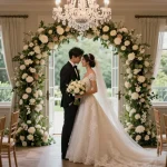 Bridal diamond jewellery shines as bride stands under floral arch during wedding ceremony.