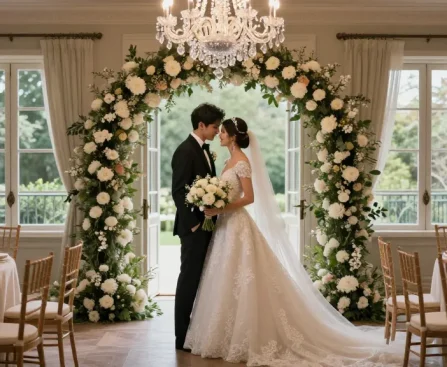 Bridal diamond jewellery shines as bride stands under floral arch during wedding ceremony.