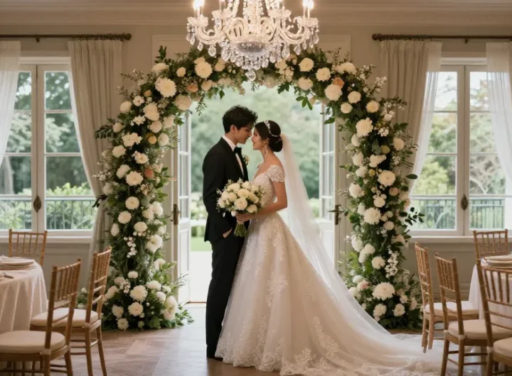 Bridal diamond jewellery shines as bride stands under floral arch during wedding ceremony.