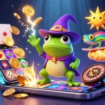 Engage in gambling fun at Wallasey Cemetery with a cartoon frog wizard showering coins and vibrant game elements.